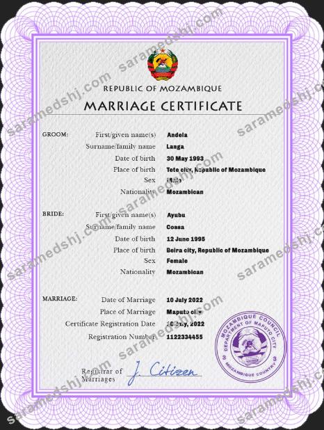 Mozambique marriage certificate PSD template